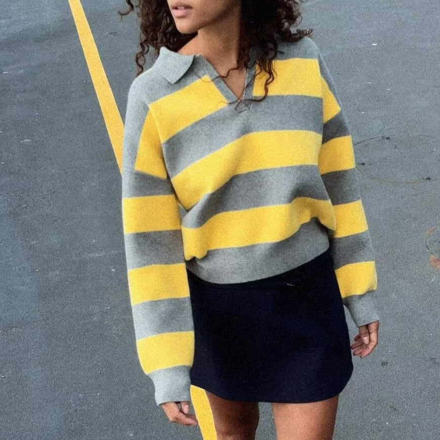 Fall Women Clothing Striped Polo Shirt Collar Sweater Bella Mia