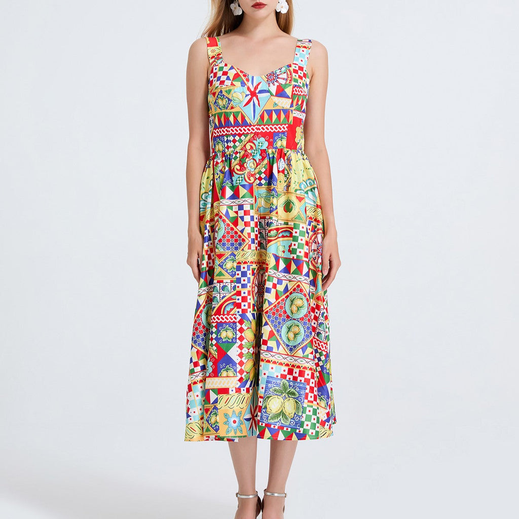Women Printed Spaghetti Strap Dress With Elastic Back And High Waist Bella Mia