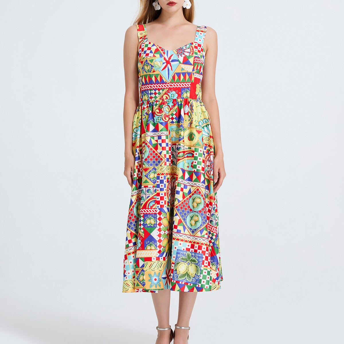 Women Printed Spaghetti Strap Dress With Elastic Back And High Waist Bella Mia