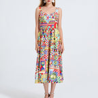 Women Printed Spaghetti Strap Dress With Elastic Back And High Waist Bella Mia