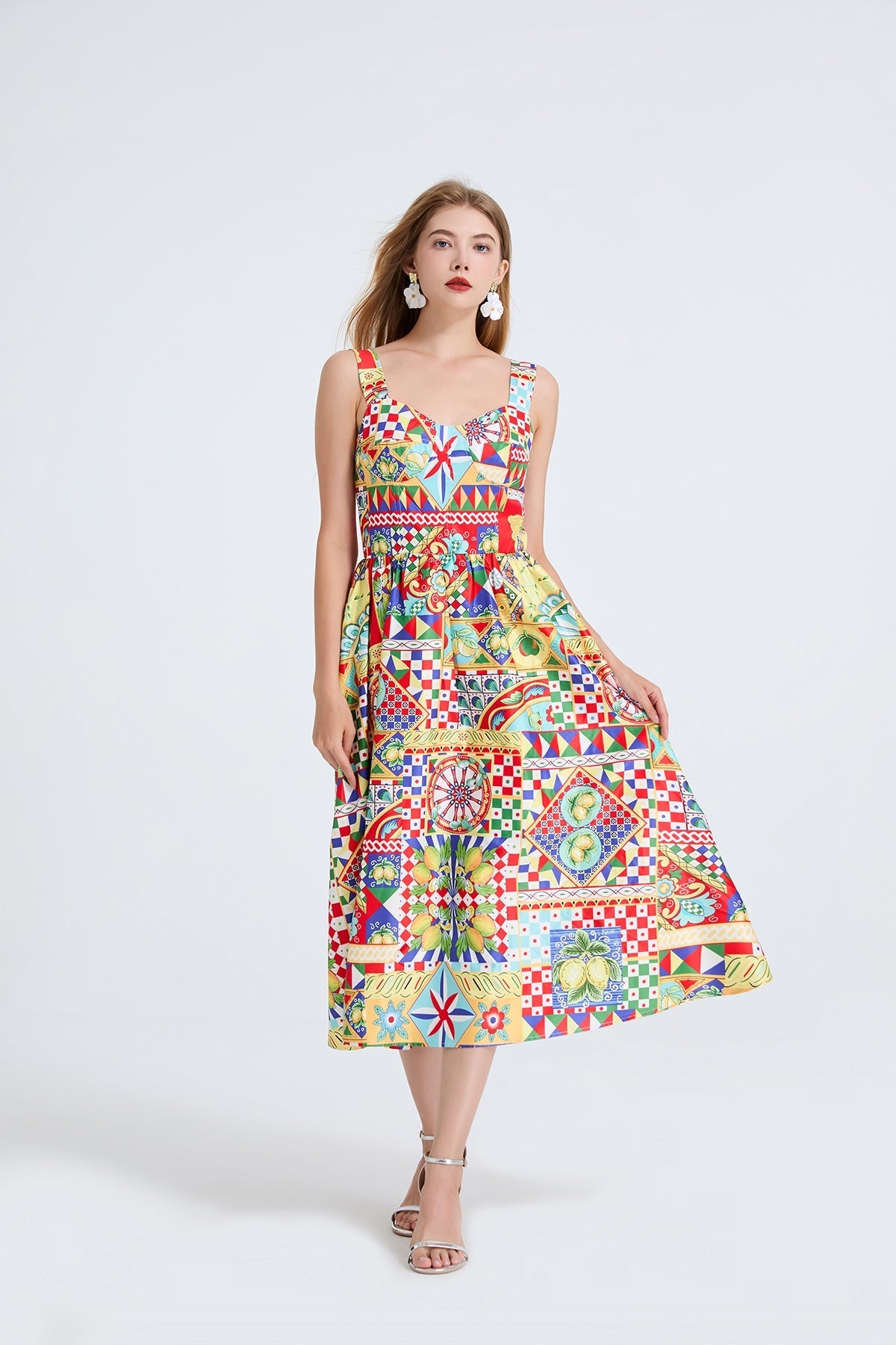 Women Printed Spaghetti Strap Dress With Elastic Back And High Waist Bella Mia