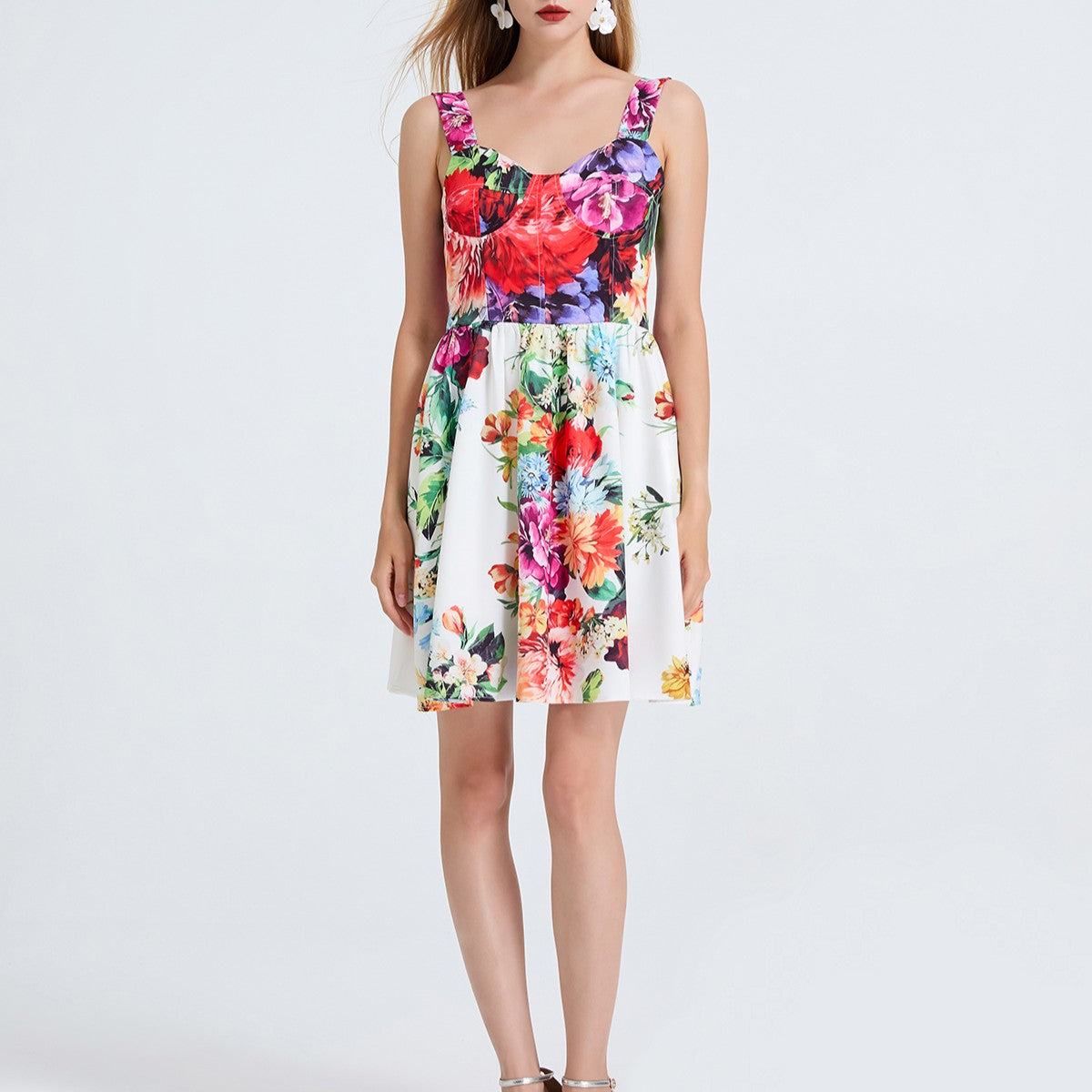 Women High Waisted Printed Halter Top Short Dress With Elastic Back Straps Bella Mia