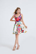 Women High Waisted Printed Halter Top Short Dress With Elastic Back Straps Bella Mia