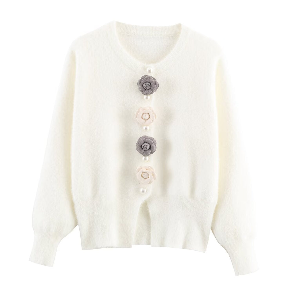 Women Clothing French Classic Chic Beaded Wool Three Dimensional Floral Knitted Imitation Mink Cardigan Coat Bella Mia