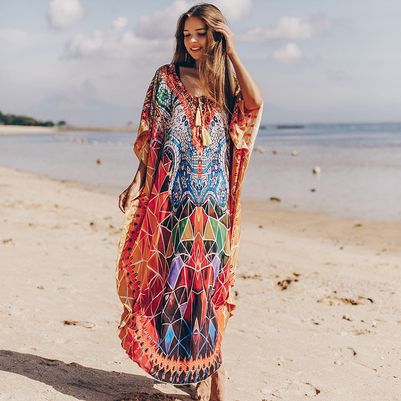 Quick Drying Silky Marbling Robe Vacation Loose Beach Maxi Dress Bikini Swimsuit Blouse Bella Mia