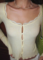 Women Clothing Spring Autumn Waist Light Yellow Lace Collar Knitted Cardigan Bella Mia