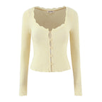 Women Clothing Spring Autumn Waist Light Yellow Lace Collar Knitted Cardigan Bella Mia