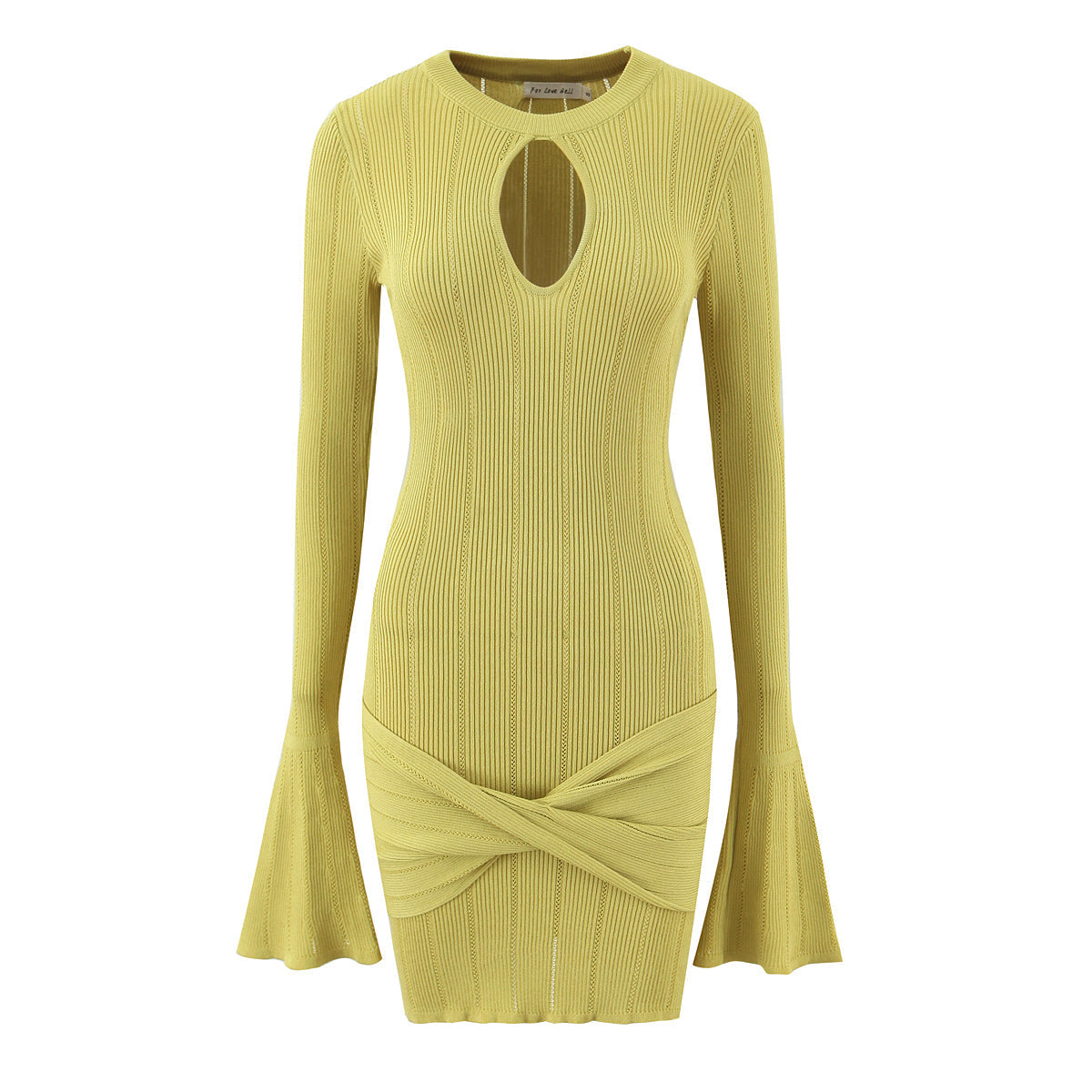 Women Clothing Summer Hollow Out Cutout Slim Sheath Flare Sleeve Knitted Long Sleeved Dress Bella Mia