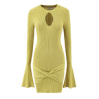 Women Clothing Summer Hollow Out Cutout Slim Sheath Flare Sleeve Knitted Long Sleeved Dress Bella Mia
