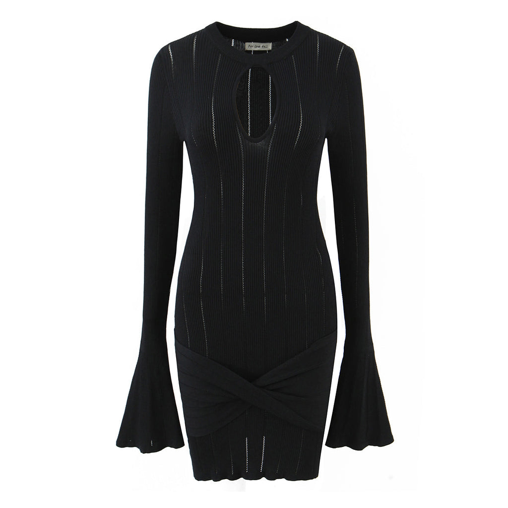 Women Clothing Summer Hollow Out Cutout Slim Sheath Flare Sleeve Knitted Long Sleeved Dress Bella Mia