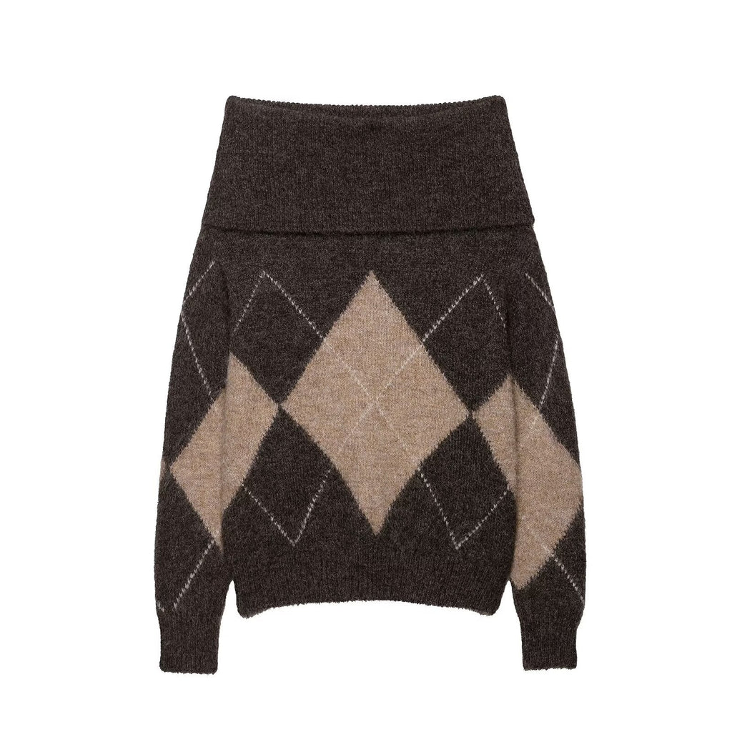 Early Autumn Women Clothing Commuting Casual All Matching Pullover Diamond Pattern Shoulder Baring Sweater Sweater Bella Mia