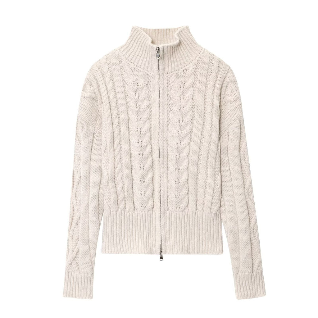 Women Idle Zipped Stand Collar Long Sleeve Twist Knitted Cardigan Bella Mia