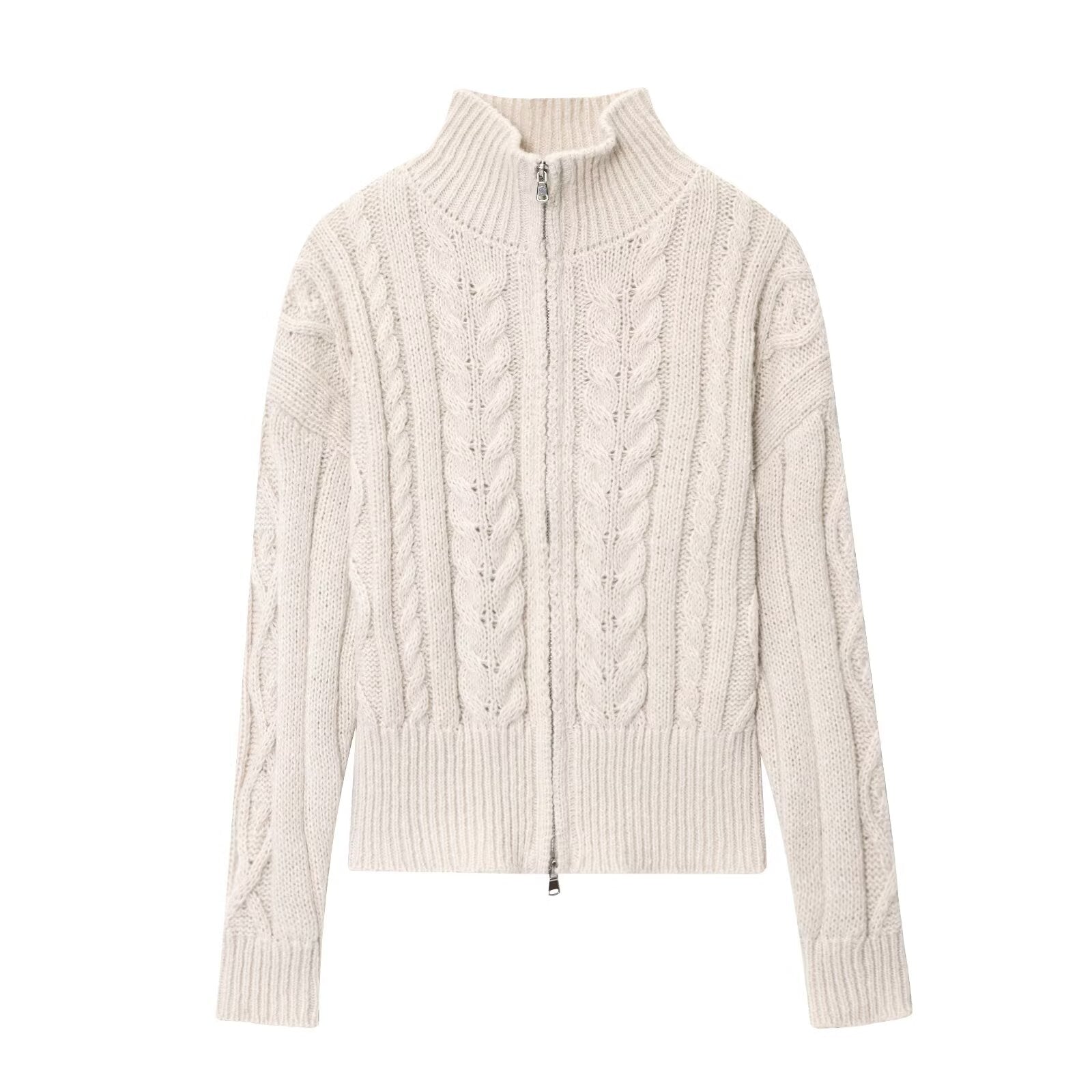 Women Idle Zipped Stand Collar Long Sleeve Twist Knitted Cardigan Bella Mia