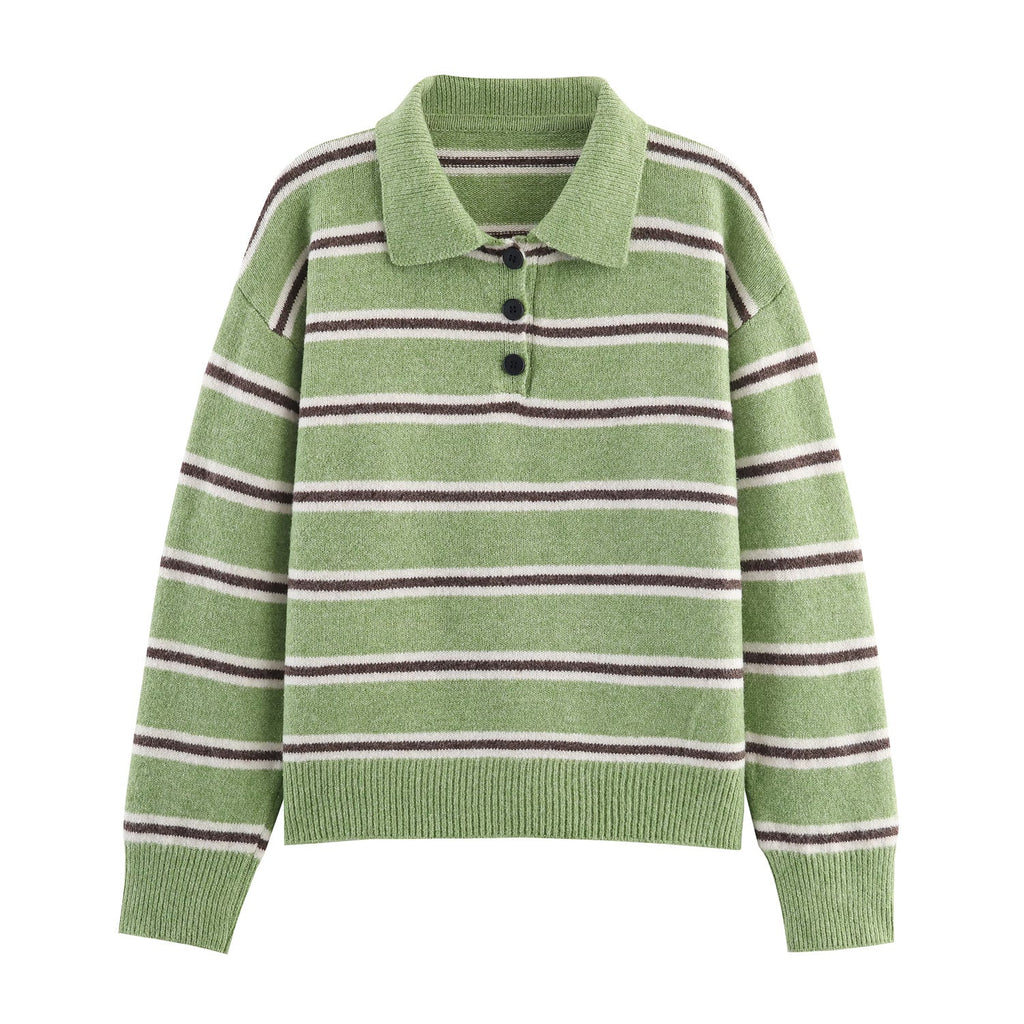 Fall Women Clothing Half Cardigan Button Pullover Polo Collar Stripes Knitted Sweater Top Bella Mia