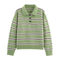 Fall Women Clothing Half Cardigan Button Pullover Polo Collar Stripes Knitted Sweater Top Bella Mia