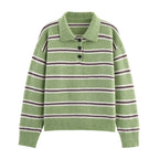 Fall Women Clothing Half Cardigan Button Pullover Polo Collar Stripes Knitted Sweater Top Bella Mia