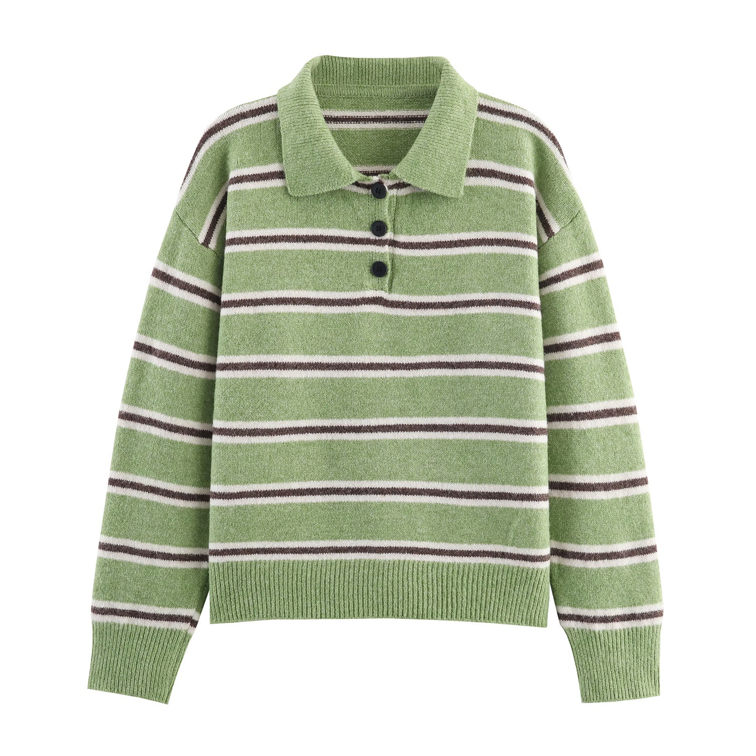 Fall Women Clothing Half Cardigan Button Pullover Polo Collar Stripes Knitted Sweater Top Bella Mia