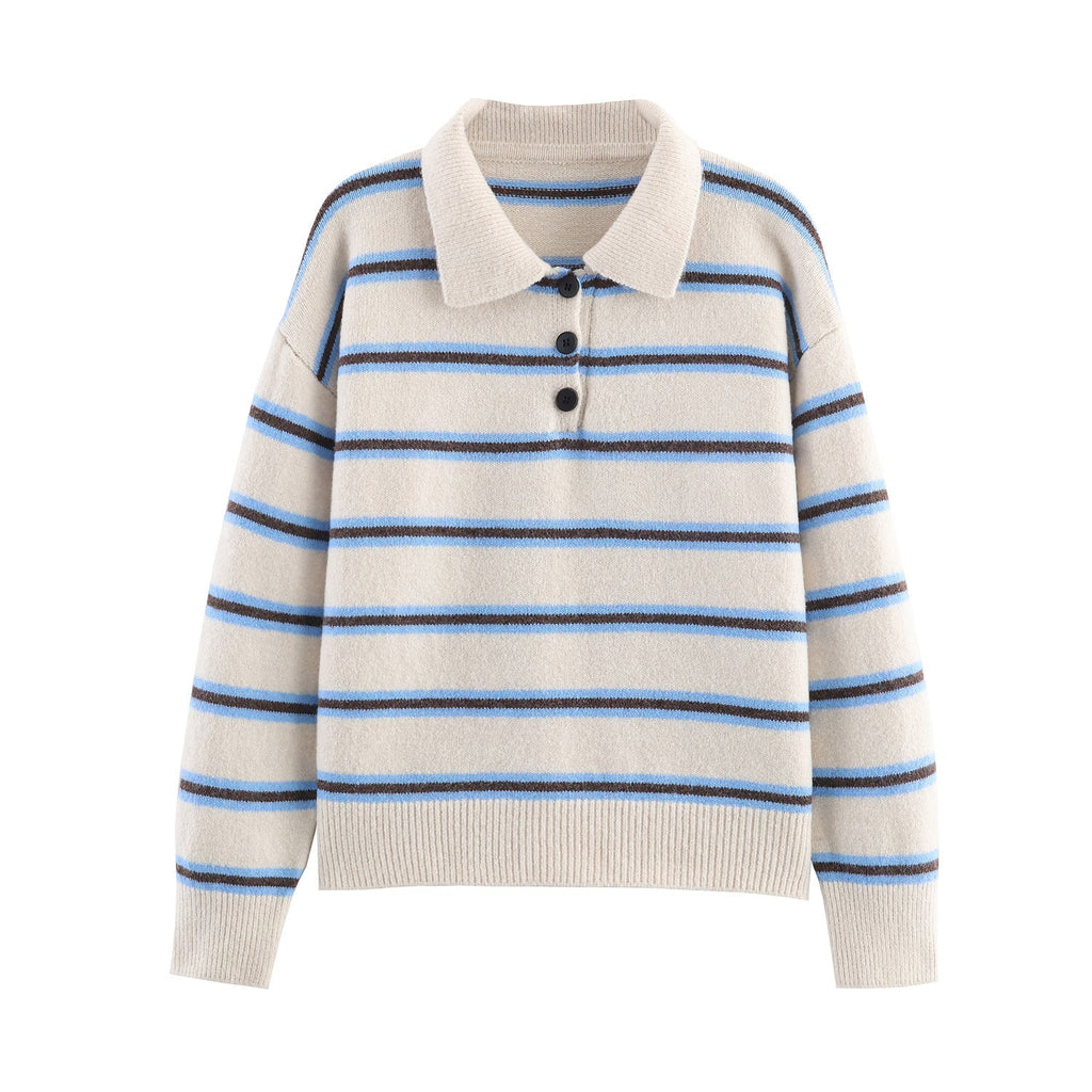 Fall Women Clothing Half Cardigan Button Pullover Polo Collar Stripes Knitted Sweater Top Bella Mia