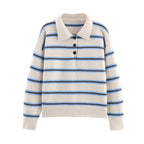 Fall Women Clothing Half Cardigan Button Pullover Polo Collar Stripes Knitted Sweater Top Bella Mia