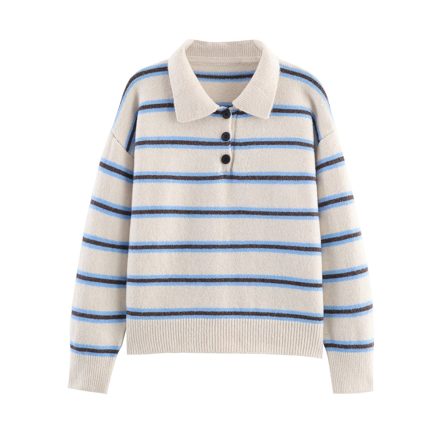 Fall Women Clothing Half Cardigan Button Pullover Polo Collar Stripes Knitted Sweater Top Bella Mia