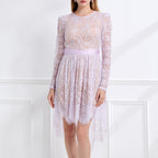 Women Lace Patchwork Pleated Waist Round Neck Long Sleeve Dress With A Shorter Front And Longer Back Design Bella Mia