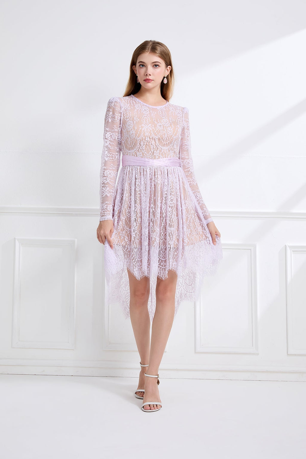 Women Lace Patchwork Pleated Waist Round Neck Long Sleeve Dress With A Shorter Front And Longer Back Design Bella Mia