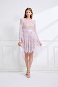 Women Lace Patchwork Pleated Waist Round Neck Long Sleeve Dress With A Shorter Front And Longer Back Design Bella Mia