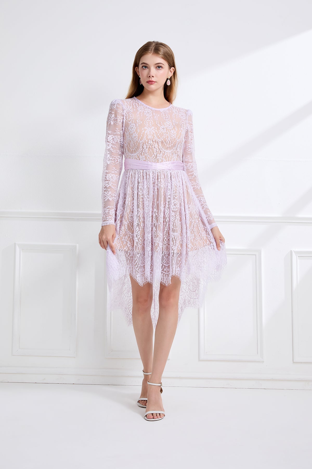 Women Lace Patchwork Pleated Waist Round Neck Long Sleeve Dress With A Shorter Front And Longer Back Design Bella Mia