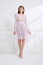 Women Lace Patchwork Pleated Waist Round Neck Long Sleeve Dress With A Shorter Front And Longer Back Design Bella Mia