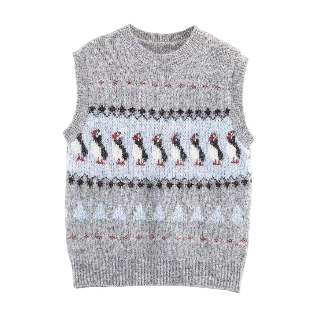 Women Clothing Autumn Korean Outerwear Bandage Floral Decorations round Neck Knitted Vest Top Bella Mia