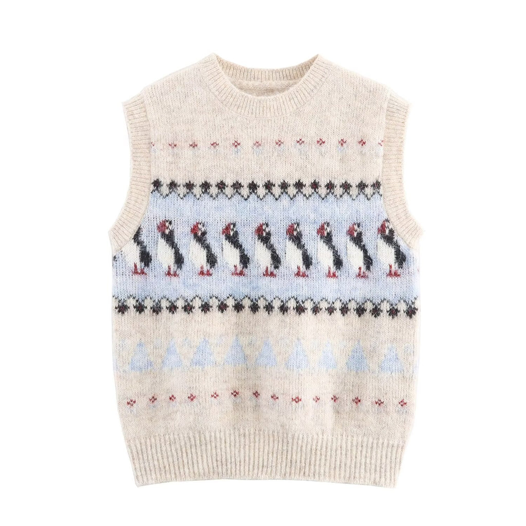 Women Clothing Autumn Korean Outerwear Bandage Floral Decorations round Neck Knitted Vest Top Bella Mia