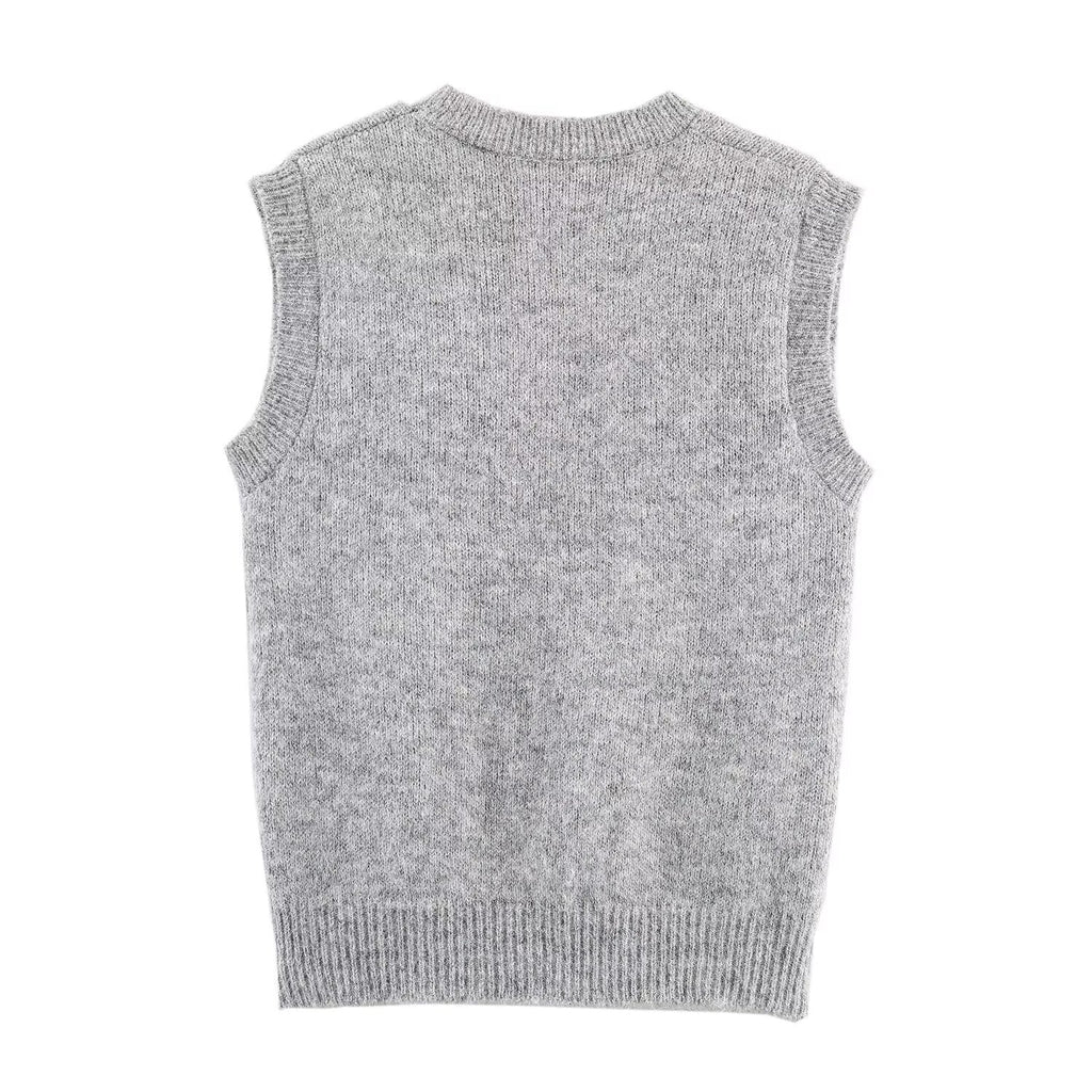 Women Clothing Autumn Korean Outerwear Bandage Floral Decorations round Neck Knitted Vest Top Bella Mia