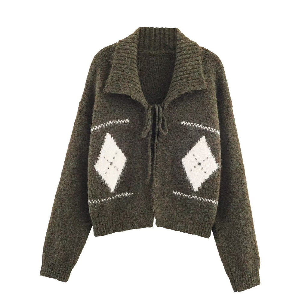 Idle Retro Lapels Jacquard Lace up Knitted Cardigan Autumn Loose Slimming Sweater Coat for Women Bella Mia