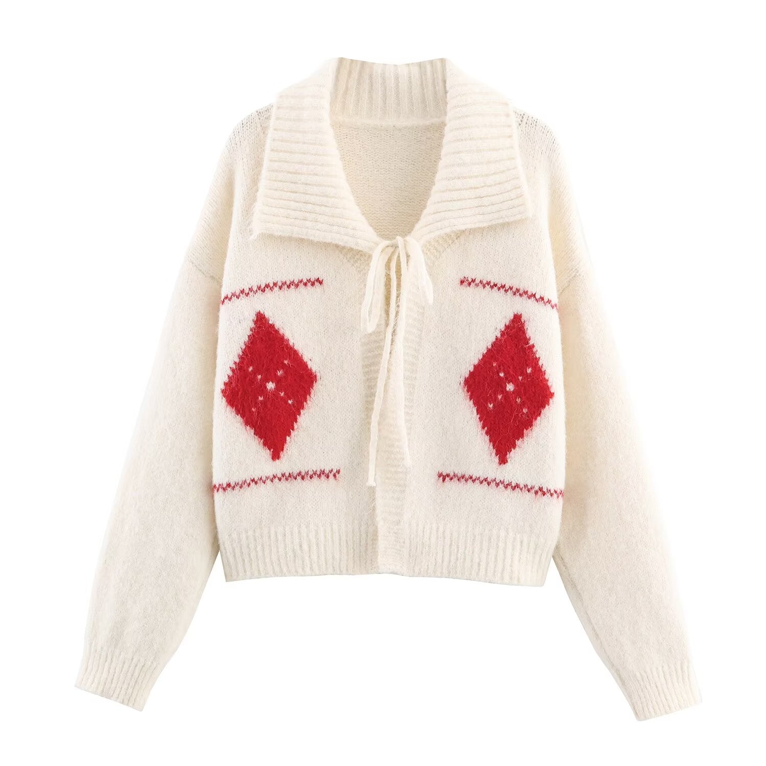 Idle Retro Lapels Jacquard Lace up Knitted Cardigan Autumn Loose Slimming Sweater Coat for Women Bella Mia
