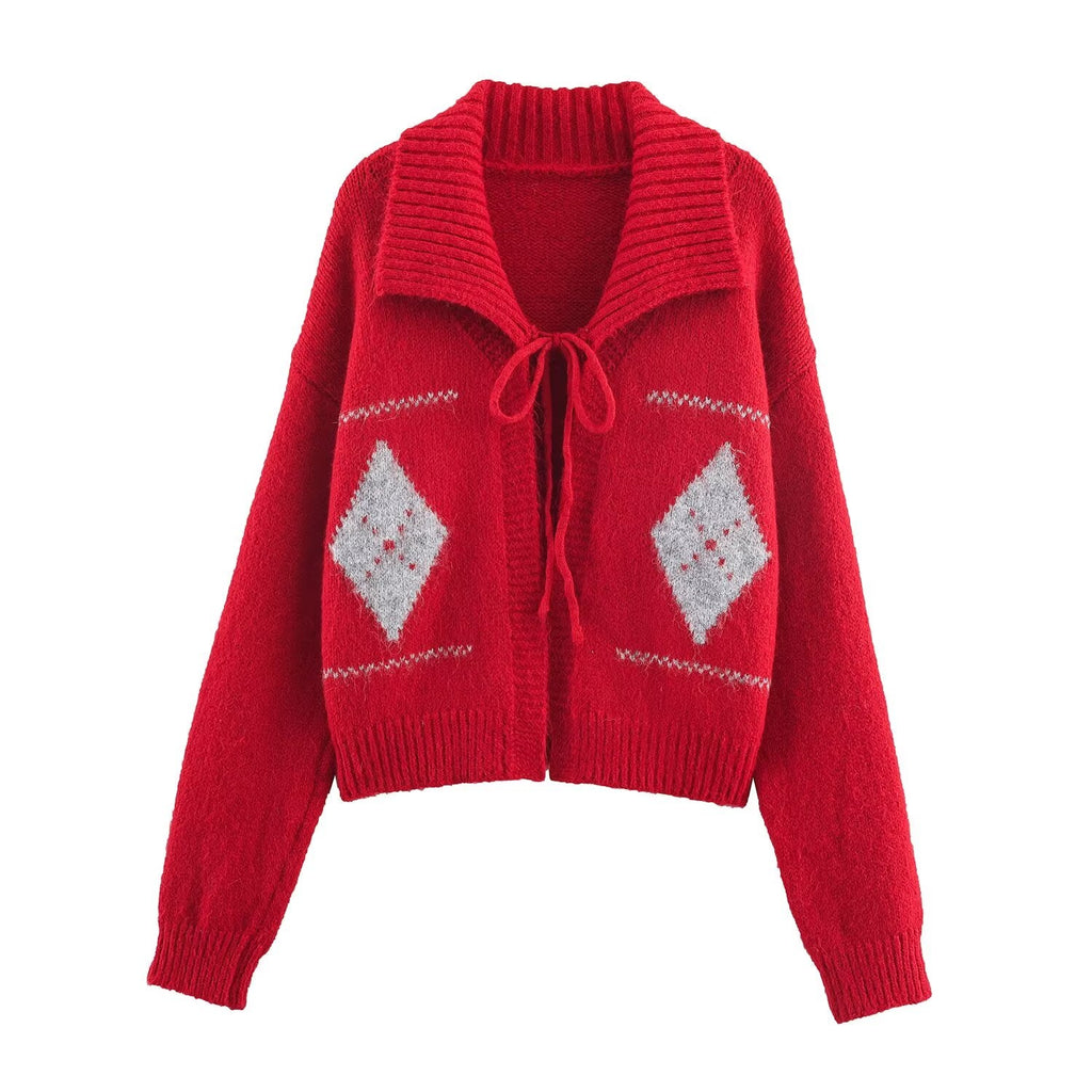 Idle Retro Lapels Jacquard Lace up Knitted Cardigan Autumn Loose Slimming Sweater Coat for Women Bella Mia