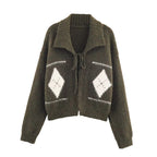 Idle Retro Lapels Jacquard Lace up Knitted Cardigan Autumn Loose Slimming Sweater Coat for Women Bella Mia