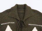 Idle Retro Lapels Jacquard Lace up Knitted Cardigan Autumn Loose Slimming Sweater Coat for Women Bella Mia