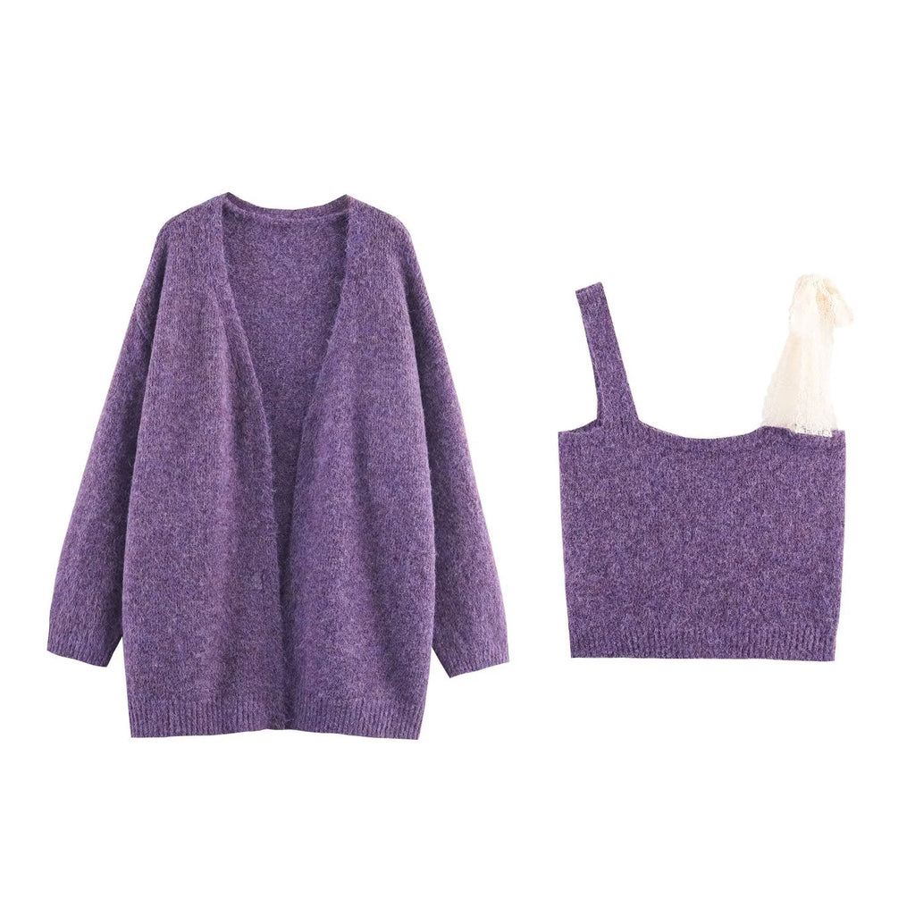 Women Lace Collared Blouse Shoulder Strap Two Piece Knitted Cardigan Set Bella Mia