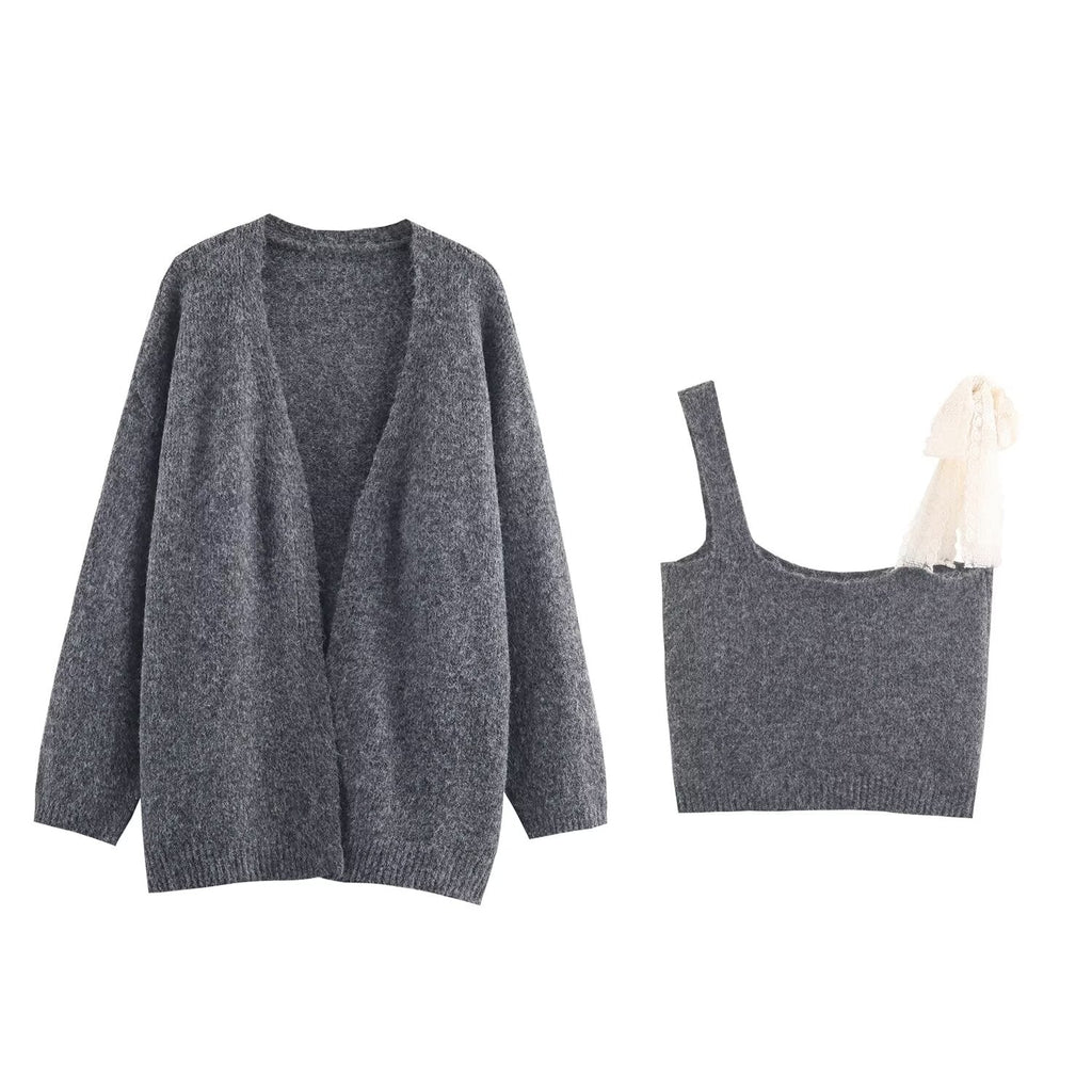 Women Lace Collared Blouse Shoulder Strap Two Piece Knitted Cardigan Set Bella Mia