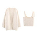 Women Lace Collared Blouse Shoulder Strap Two Piece Knitted Cardigan Set Bella Mia