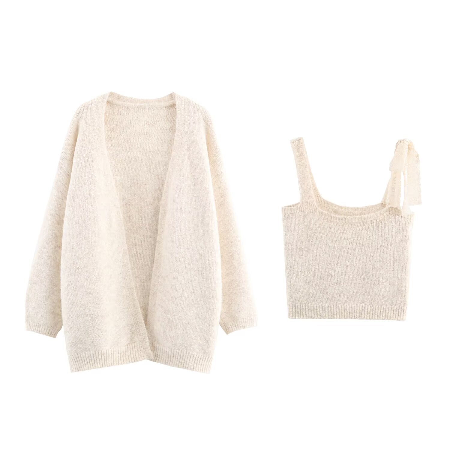 Women Lace Collared Blouse Shoulder Strap Two Piece Knitted Cardigan Set Bella Mia