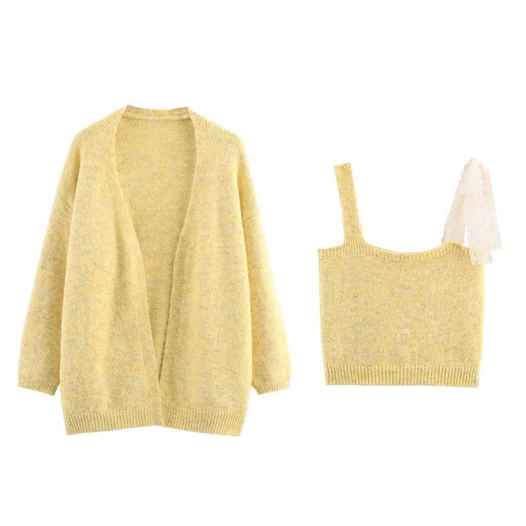Women Lace Collared Blouse Shoulder Strap Two Piece Knitted Cardigan Set Bella Mia