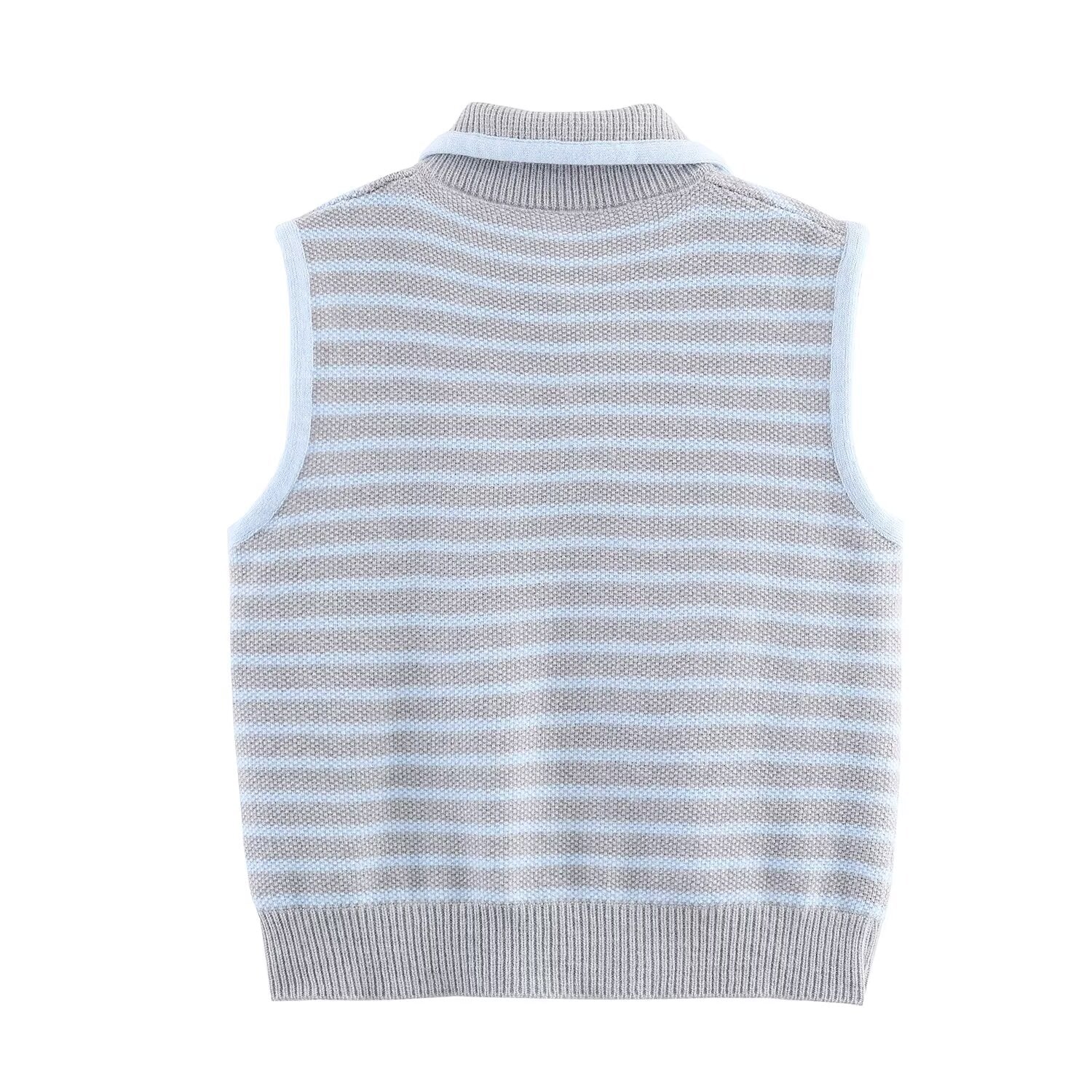 Women Clothing Fall Fresh Age Reducing Stripe Decoration Collared Short Vest Bella Mia