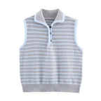 Women Clothing Fall Fresh Age Reducing Stripe Decoration Collared Short Vest Bella Mia