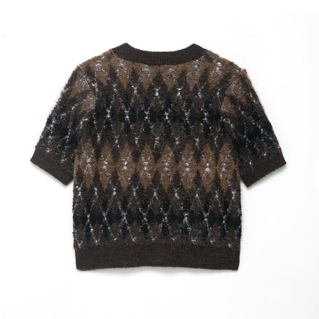 Women Clothing Autumn Beautiful Diamond Pattern Short Sleeve Knitted Coat Bella Mia
