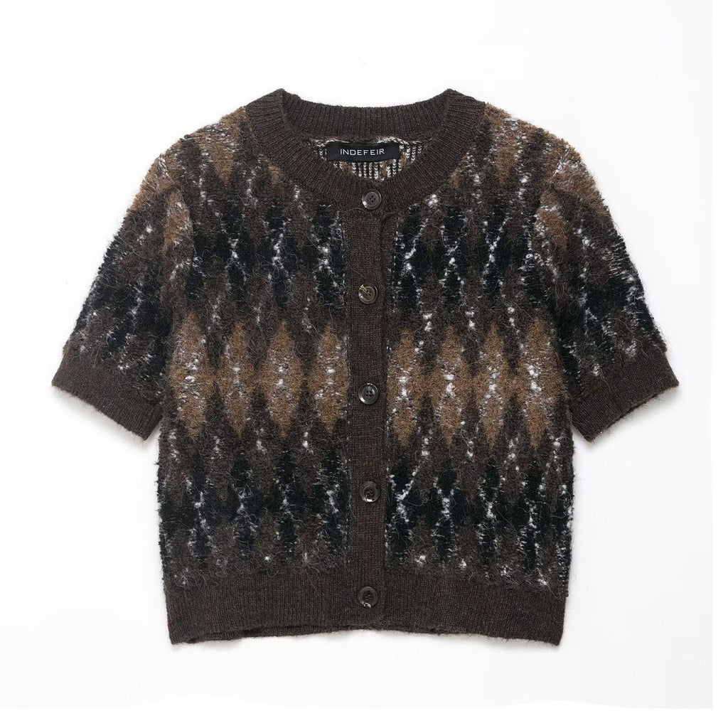 Women Clothing Autumn Beautiful Diamond Pattern Short Sleeve Knitted Coat Bella Mia