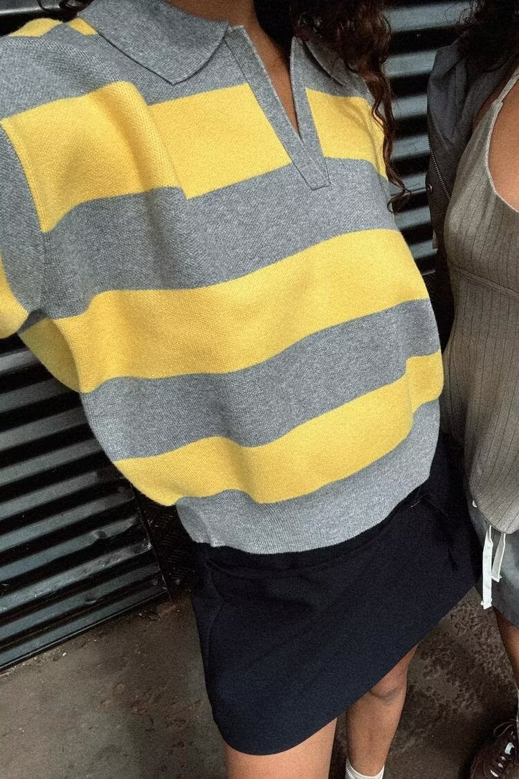 Contrast Color Striped Loose Slimming Shirt Collar Sweater Pullover Sweater Bella Mia