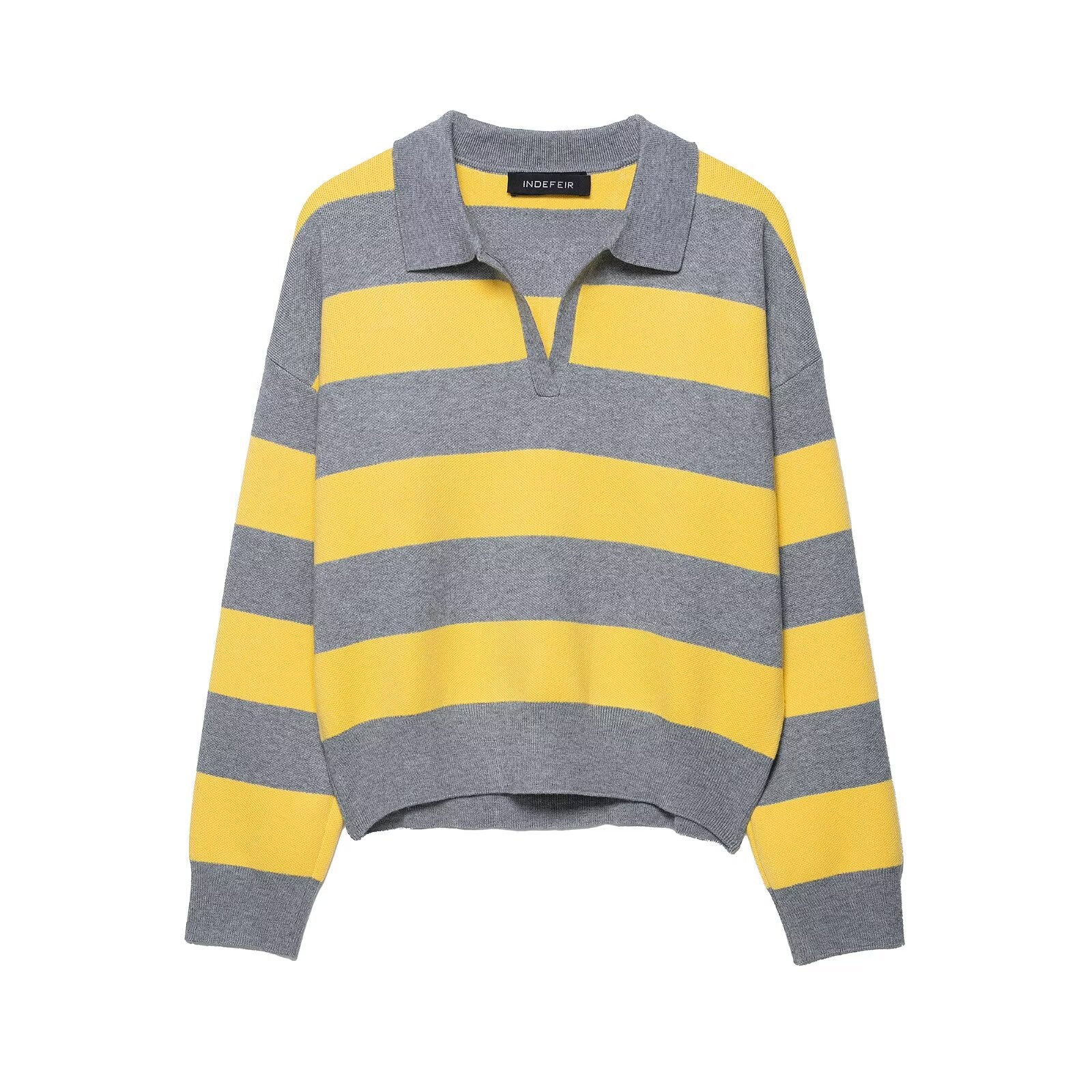 Contrast Color Striped Loose Slimming Shirt Collar Sweater Pullover Sweater Bella Mia