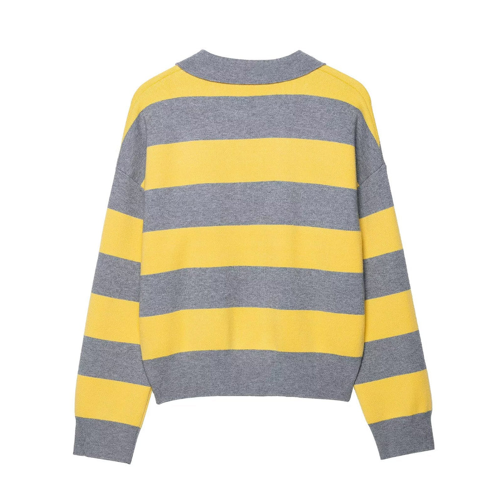 Contrast Color Striped Loose Slimming Shirt Collar Sweater Pullover Sweater Bella Mia