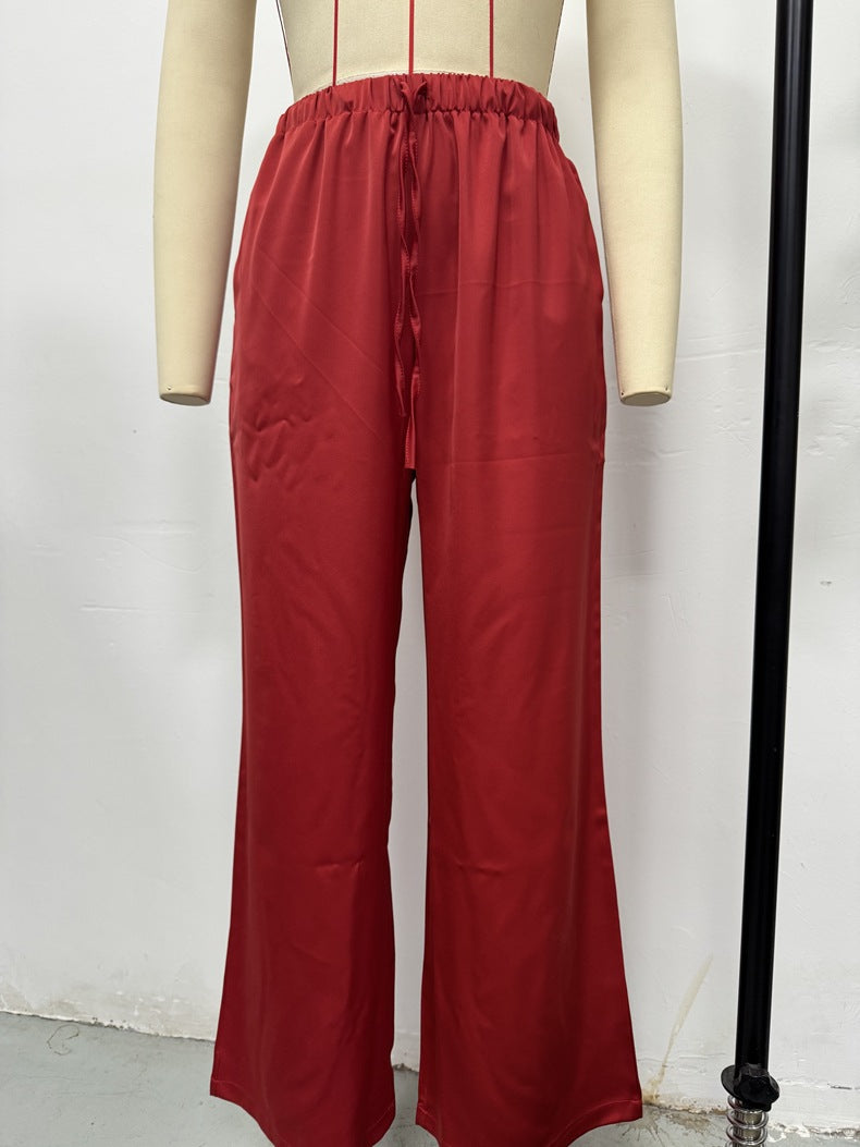 Women Clothing Trendy Autumn Satin Satin Casual Pants Loose Wide Leg Drawstring Long Pants Bella Mia